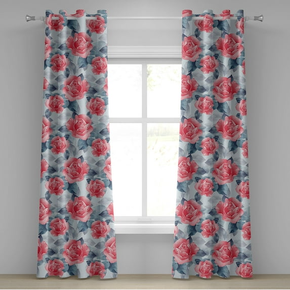 Ambesonne Flowers Boho Grommet Curtain, Neutral Leafy Rose Art, 50"x96", Slate Blue Dark Coral