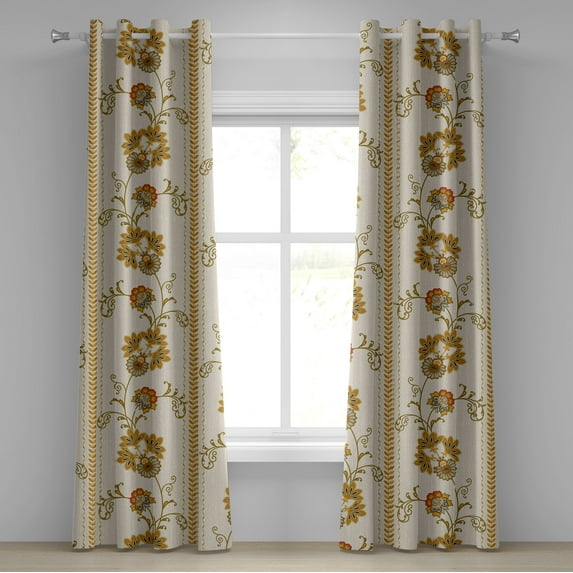 Ambesonne Flowers Boho Grommet Curtain, Oriental Floral Design, 50"x108", Pale Tan Dark Yellow