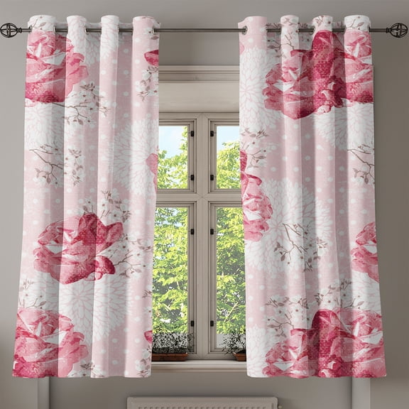 Ambesonne Flowers Boho Grommet Curtain, Vintage Rose Floral, 50"x60", Pale Pink and Dark Pink