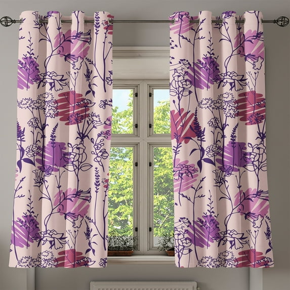 Ambesonne Flowers Boho Grommet Curtain, Wild Meadow Blossoms, 50"x60", Soft Pink and Dark Purple
