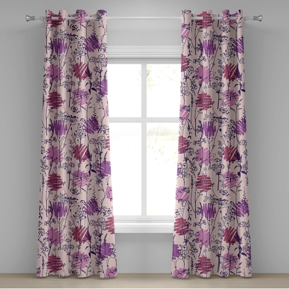 Ambesonne Flowers Boho Grommet Curtain, Wild Meadow Blossoms, 50"x96", Soft Pink and Dark Purple