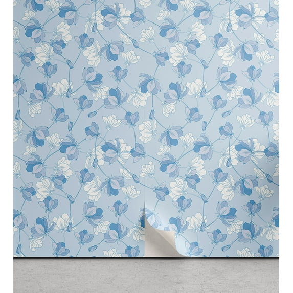 Ambesonne, Flowers Boho Peel & Stick Wallpaper for Home, Garden Blooming Buds, 13"x72", Pale Azure Blue White