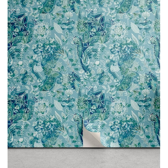 Ambesonne Flowers Boho Peel & Stick Wallpaper for Home, Nautical Floral Motif, 13"x36", Seafoam Cadet Blue White