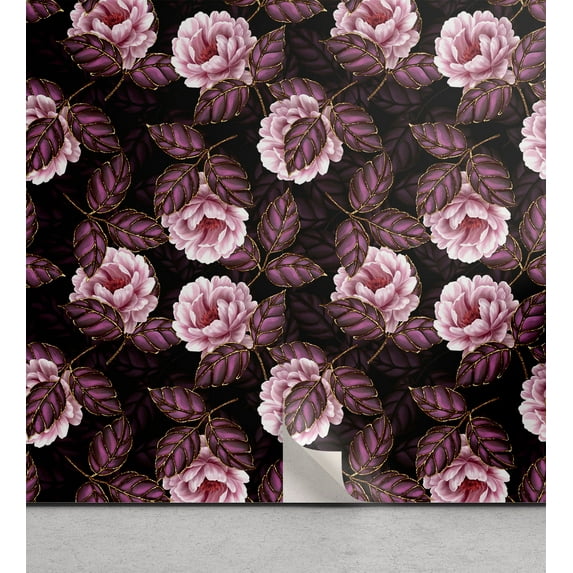 Ambesonne, Flowers Boho Peel & Stick Wallpaper for Home, Night Jungle Floral, 13"x72", Dark Purple Blush and Plum