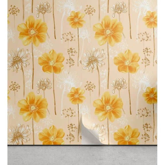 Ambesonne Flowers Boho Peel & Stick Wallpaper for Home, Romantic Summer Floral, 13"x36", Earth Yellow Mustard Tan
