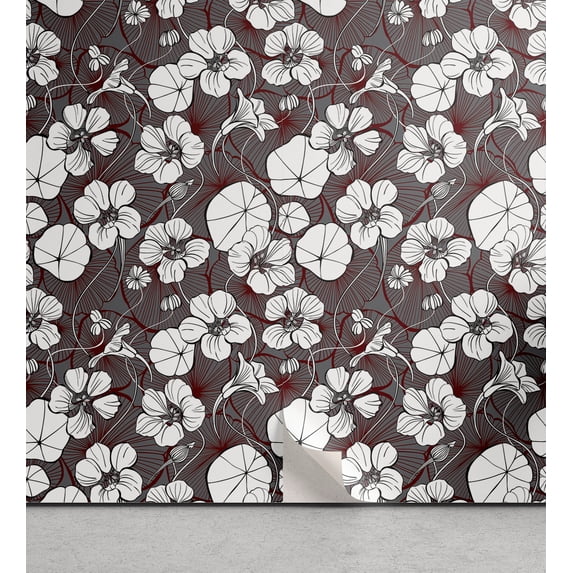 Ambesonne Flowers Boho Peel & Stick Wallpaper for Home, Simple Nasturtium Art, 13"x36", White Taupe Grey Redwood