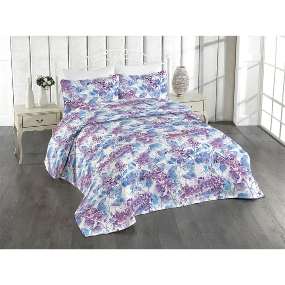 Ambesonne Flowers Boho Quilted Bedspread Set 3 Pcs, Botany Floral Pattern, Twin, Sea Blue Pale Lilac White