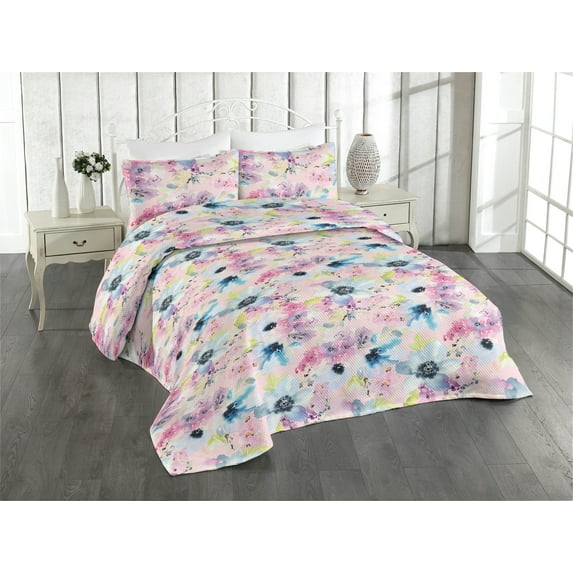 Ambesonne Flowers Boho Quilted Bedspread Set 3 Pcs, Meadow Hibiscus Art, King, Pale Pink Pale Azure Blue