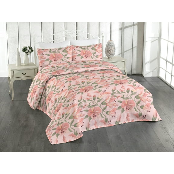 Ambesonne Flowers Boho Quilted Bedspread Set 3 Pcs, Pastel 90s Floral Art, King, Peacock Green Pale Pink