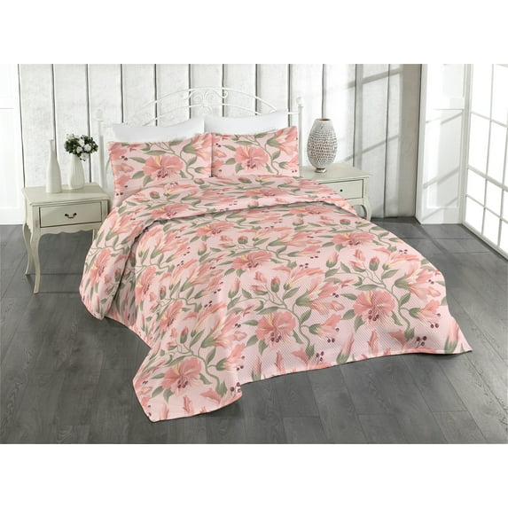 Ambesonne Flowers Boho Quilted Bedspread Set 3 Pcs, Pastel 90s Floral Art, Queen, Peacock Green Pale Pink