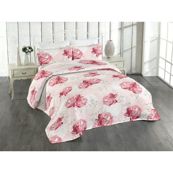 Ambesonne Flowers Boho Quilted Bedspread Set 3 Pcs, Vintage Rose Floral, Twin, Pale Pink and Dark Pink