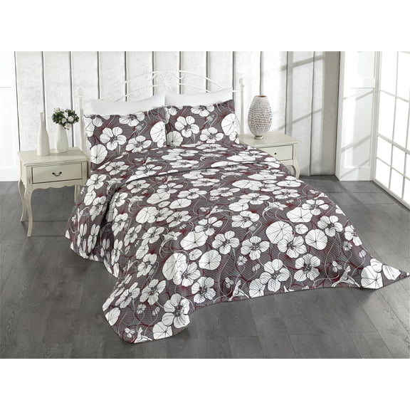 Ambesonne Flowers Boho Quilted Coverlet 2 Pcs, Simple Nasturtium Art, Twin Size, White Taupe Grey Redwood