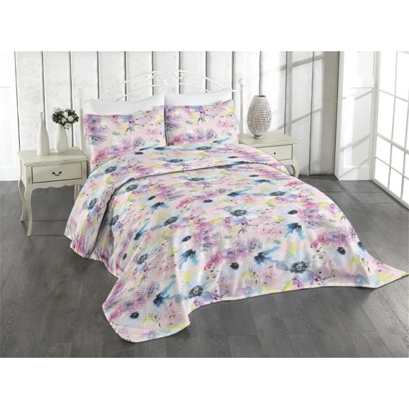 Ambesonne Flowers Boho Quilted Coverlet 3 Pcs, Meadow Hibiscus Art, King Size, Pale Pink Pale Azure Blue