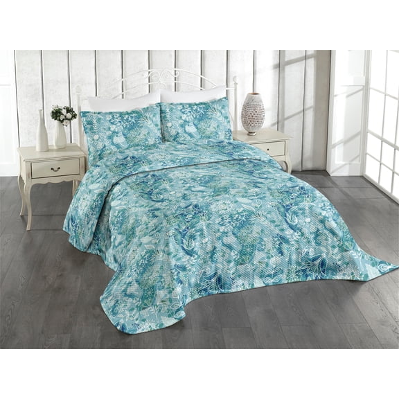Ambesonne Flowers Boho Quilted Coverlet 3 Pcs, Nautical Floral Motif, Queen Size, Seafoam Cadet Blue White