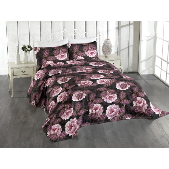 Ambesonne Flowers Boho Quilted Coverlet 3 Pcs, Night Jungle Floral, Queen Size, Dark Purple Blush and Plum