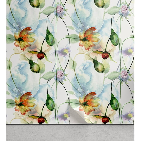 Ambesonne Flowers Colorful Peel & Stick Wallpaper for Home, Nature Feel Spring, 13"x72", Green Pale Blue and Orange