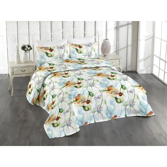 Ambesonne Flowers Colorful Quilted Bedspread Set 3 Pcs, Nature Feel Spring, Queen, Green Pale Blue and Orange