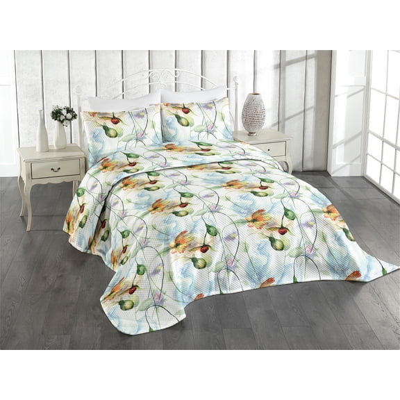 Ambesonne Flowers Colorful Quilted Coverlet 3 Pcs, Nature Feel Spring, King Size, Green Pale Blue and Orange