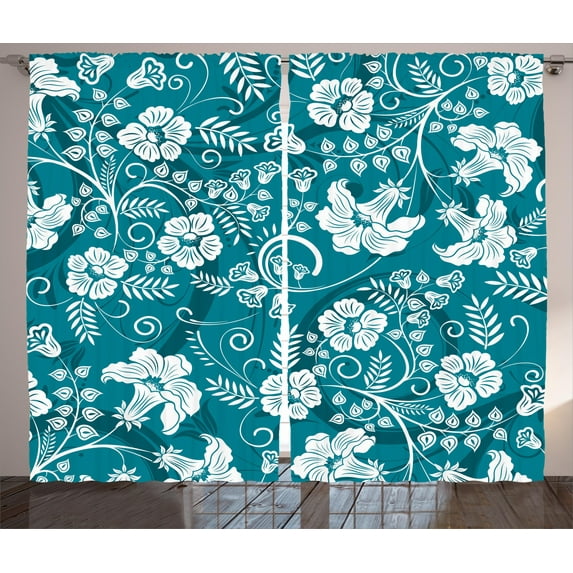 Ambesonne Flowers Curtains 2 Panel Set, Floral Romantic Beams, 108" x 63", Petrol Blue Teal White
