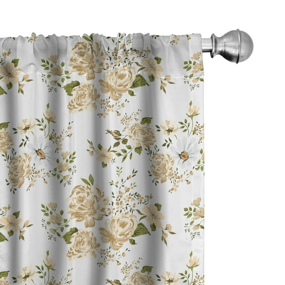 Ambesonne Flowers Curtains, Floral Roses Vector, Pair of 28"x84", White and Beige