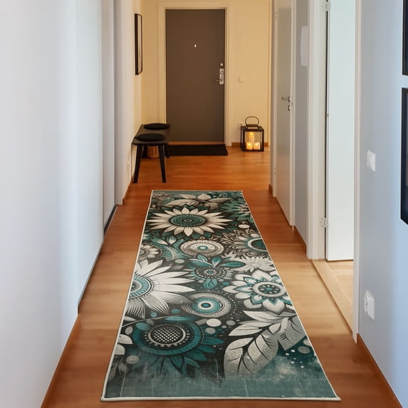 Ambesonne Flowers Decorative Rug Carpet, Pastel Tone Art Sunflowers, 2' 5" x 7' 5", Petrol Blue Teal Beige