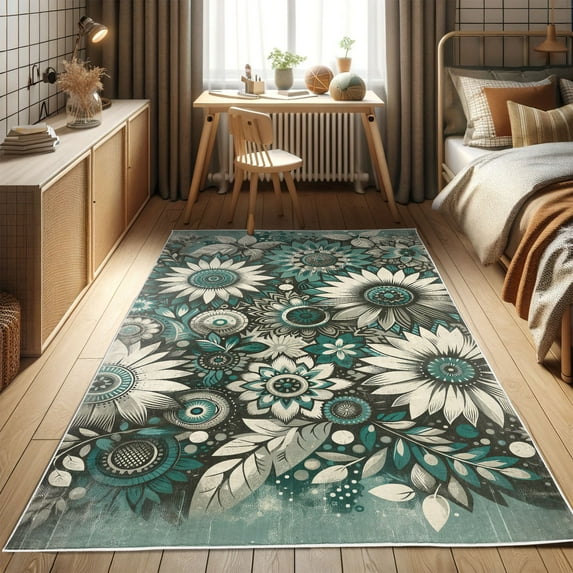 Ambesonne Flowers Decorative Rug Carpet, Pastel Tone Art Sunflowers, 5' 1" X 7' 5", Petrol Blue Teal Beige