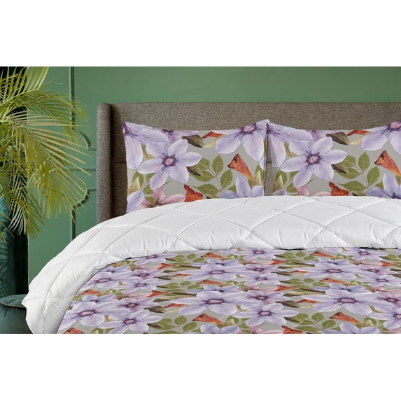 Ambesonne Flowers Down Alternative Quilt Comforter, Spring Petals Floral Print, King, Lavender Pale Sepia and Green