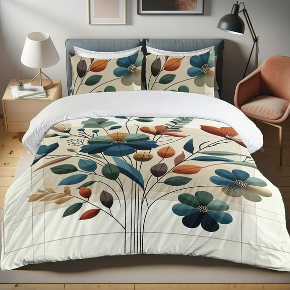 Ambesonne Flowers Duvet Cover Set, Art Abstract Chamomile Art, Queen, Eggshell Cinnamon Green