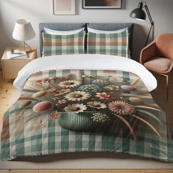 Ambesonne Flowers Duvet Cover Set, Cottagecore Floral Plaid, Calking, Pale Teal Dried Rose Tan