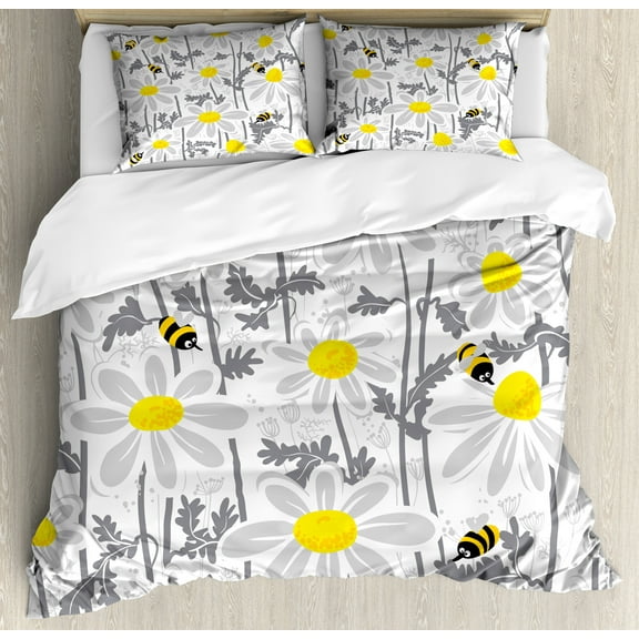 Ambesonne Flowers Duvet Cover Set, Daisy Leaf Spring Time, Queen, Yellow White