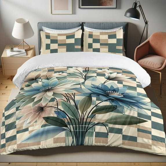 Ambesonne Flowers Duvet Cover Set, Faded Effect Blooms Print, Twin, Eggshell Soft Blue