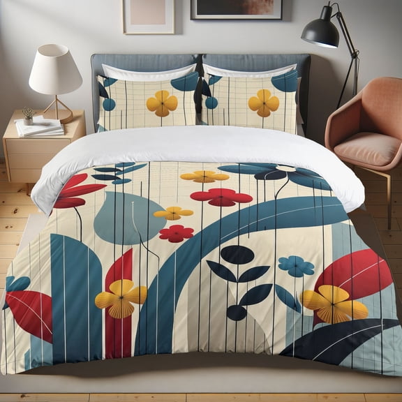 Ambesonne Flowers Duvet Cover Set, Modern Boho Spring Floral, Queen, Eggshell Ruby Sea Blue