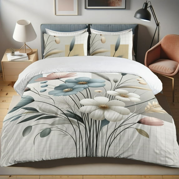 Ambesonne Flowers Duvet Cover Set, Modern Farmhouse Art Floral, Calking, Pale Sage Green Pale Teal