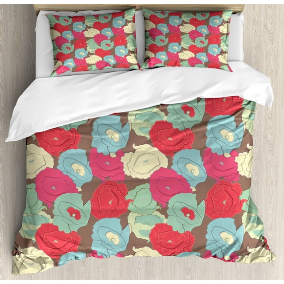 Ambesonne Flowers Duvet Cover Set, Multicolored Poppy Blossoms, 2-Calking, Dark Coral Multicolor