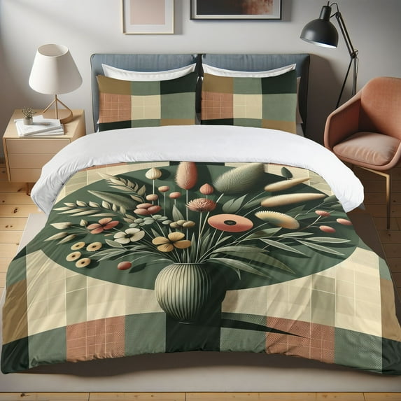 Ambesonne Flowers Duvet Cover Set, Pastel Spring Floral Leaves, Twin, Reseda Green Blush Beige