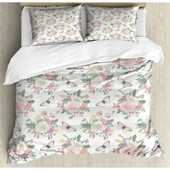 Ambesonne Flowers Duvet Cover Set, Roses Bouquet, Queen, Pale Pink Green