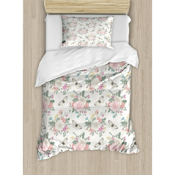 Ambesonne Flowers Duvet Cover Set, Roses Bouquet, Twin, Pale Pink Green