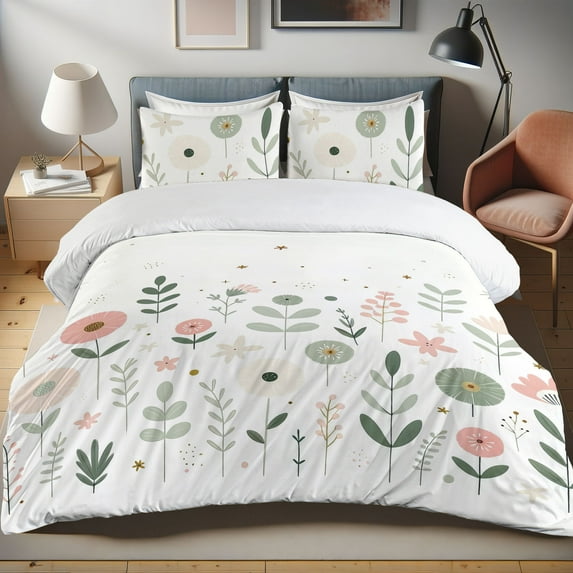 Ambesonne Flowers Duvet Cover Set, Spring Garden Blossoming, Calking, Laurel Green Pale Pink