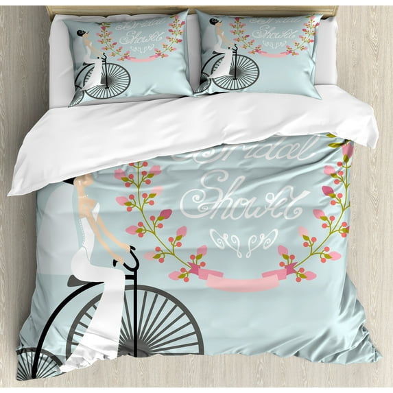Ambesonne Flowers Duvet Cover Sets, Bride Dress Bicycle, 2-King, Charcoal Grey Pale Blue