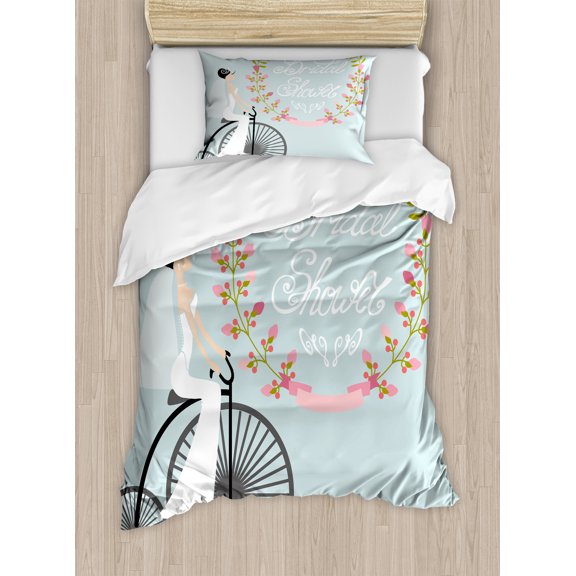 Ambesonne Flowers Duvet Cover Sets, Bride Dress Bicycle, 2-Twin, Charcoal Grey Pale Blue