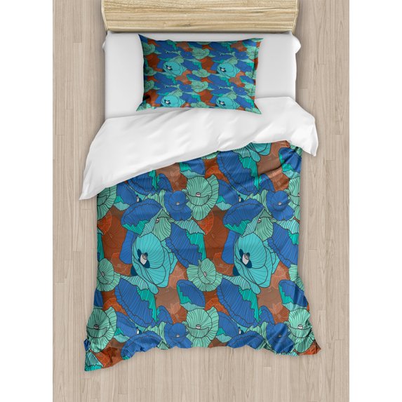 Ambesonne Flowers Duvet Cover Sets, Natural Art and Poppies, 2-Twin, Sea Blue and Turquoise