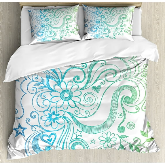 Ambesonne Flowers Duvet Cover Sets, Ombre Sketchy Floral, 2-King, Turquoise White