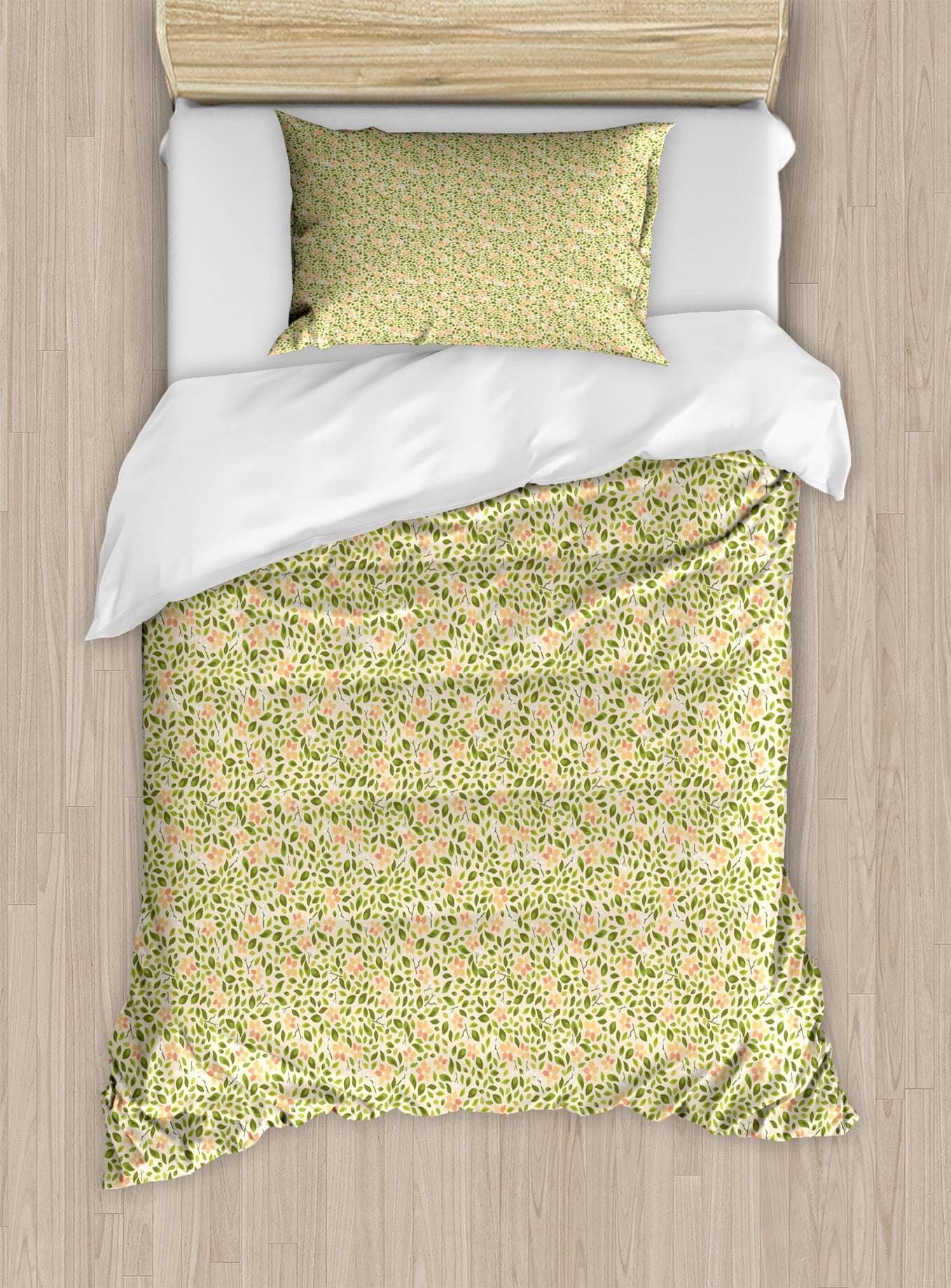 Twin Peach and Green Leaf Microfiber Duvet Cover Set