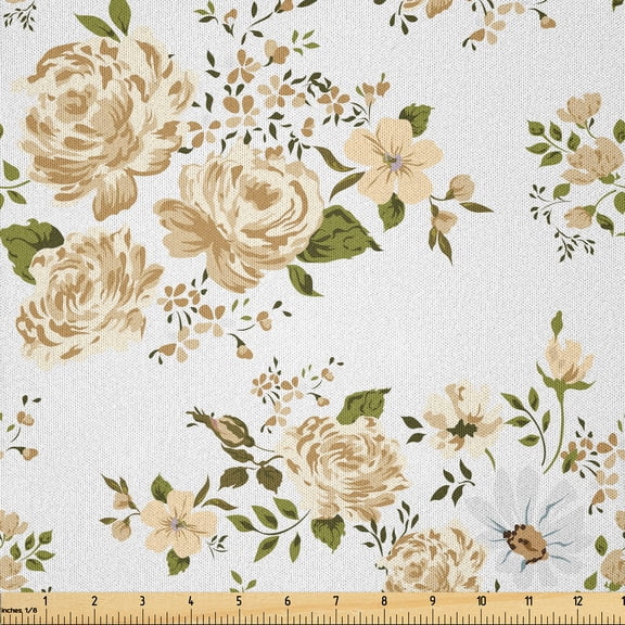 Ambesonne Flowers Fabric by the Yard Microfiber, Floral Roses Vector, 1 Yard, White and Beige