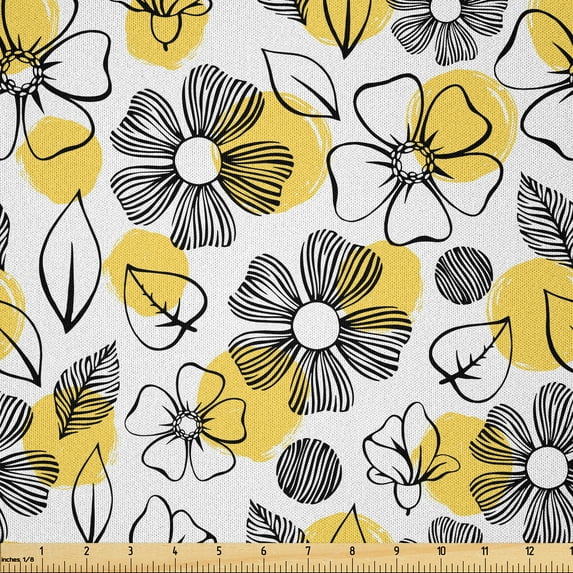 Ambesonne Flowers Fabric by the Yard Microfiber, Leaves and Flora Scenery, 1 Yard, Mustard Black and White
