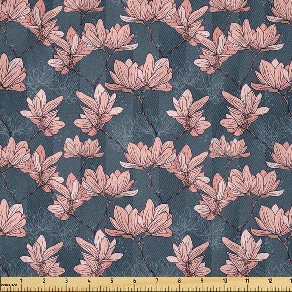 Ambesonne Flowers Fabric by the Yard Microfiber, Magnolia Flowers Japan, 10 Yards, Dark Blue Coral