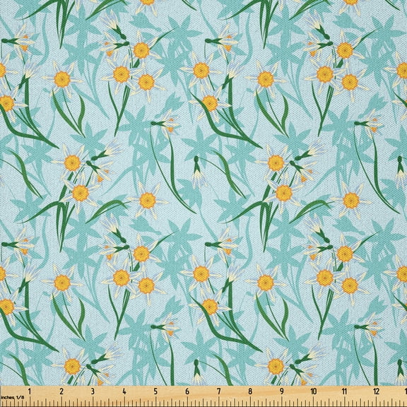 Ambesonne Flowers Fabric by the Yard Microfiber, Spring Garden of Daffodils, 1 Yard, Turquoise and Marigold