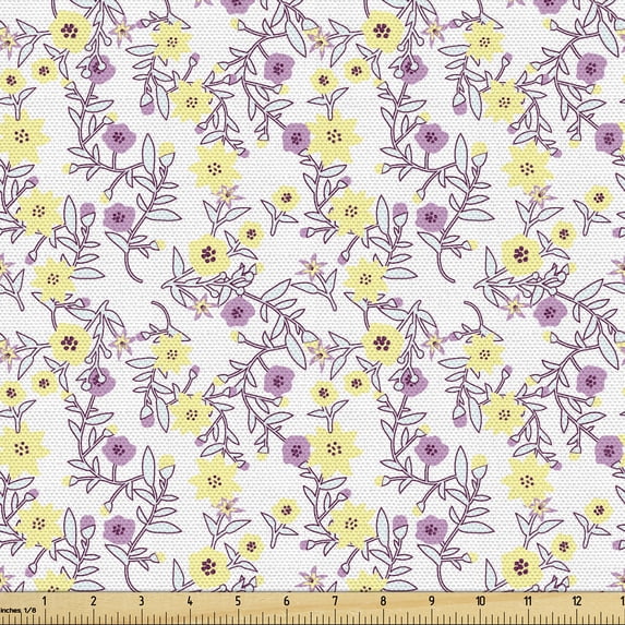 Ambesonne Flowers Fabric by the Yard Upholstery, Bicolour Floral Summer Art, 10 Yards, Pale Yellow and Lilac