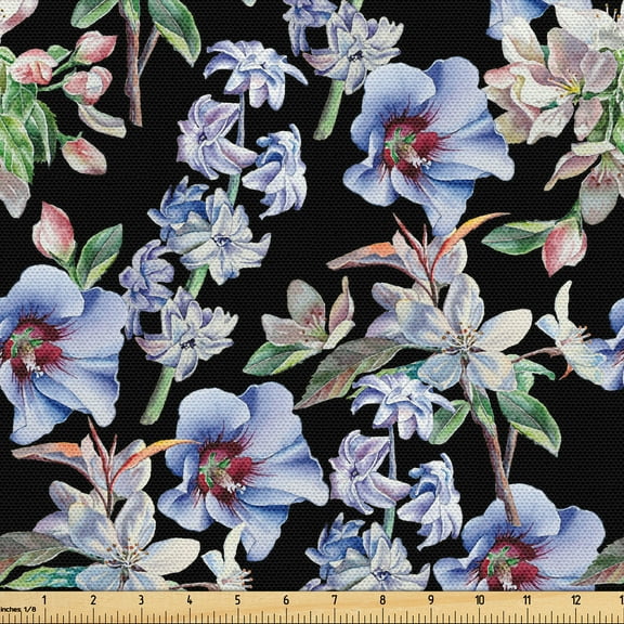 Ambesonne Flowers Fabric by the Yard Upholstery, Hyacinth Branches Bloom, 2 Yards, Charcoal Grey and Ceil Blue
