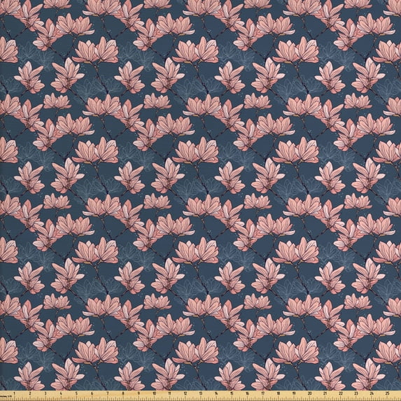 Ambesonne Flowers Fabric by the Yard Upholstery, Magnolia Flowers Japan, 5 Yards, Dark Blue Coral